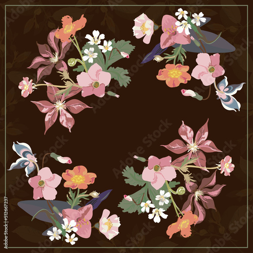 Floral pattern from different flowers in bouquets on a dark brown background with leaves - vector illustration in a square for the design of a shawl, hijab, scarf.