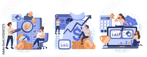 Cost optimization concept set. Idea of financial and marketing strategy. Cost and income balance. Spending and cost reduction, while maximizing business value. Isolated flat illustration vector