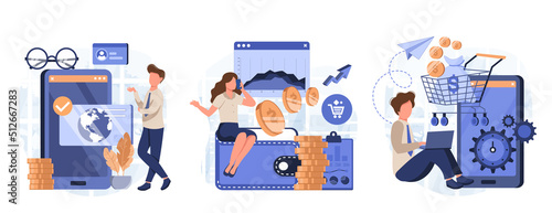 Financial illustration set. Characters paying online and receiving bonus money or reward back on credit card. Cashback, financial savings and money refund concept. Vector illustration.