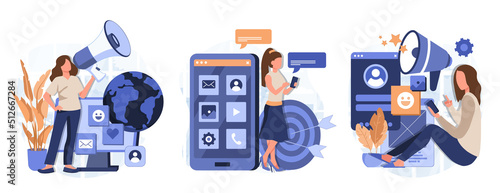 Social media marketing concept isolated person situations. Collection of scenes with people with megaphones attract new customers, advertising, promotion. Mega set. Vector illustration in flat design