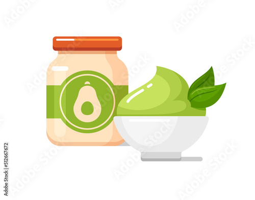 Avocado puree in baby food jar with label. White ceramic bowl with yogurt, jam or ice cream. Kids nutrition icon. Vector colorful flat illustration isolated on background
