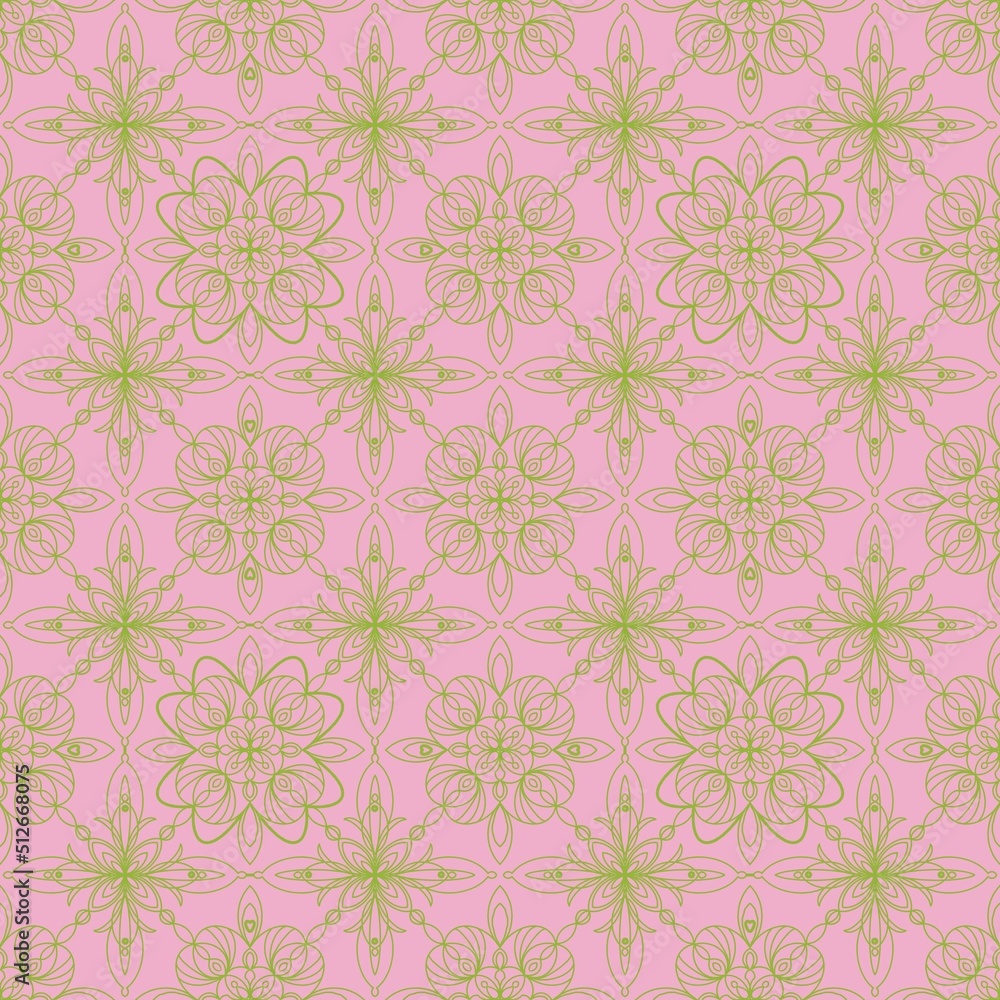 Seamless floral square pattern. Ethnic style flowers. Pink, green colors. Illustration. Abstract square ornament. Design for textiles, wrapping paper, background, wallpaper, cover.