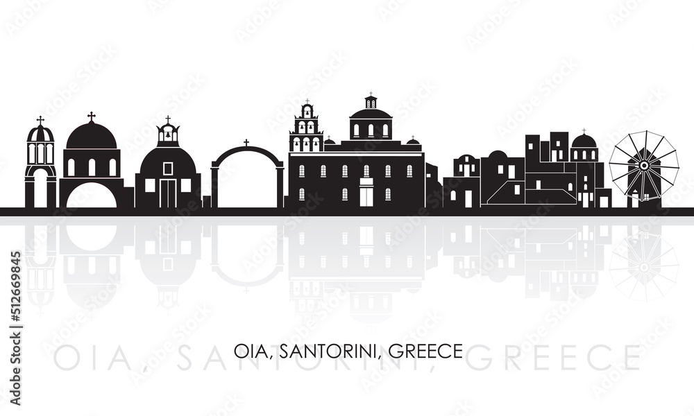 Silhouette Skyline panorama of village of Oia, Santorini, Cyclades Islands, Greece - vector illustration