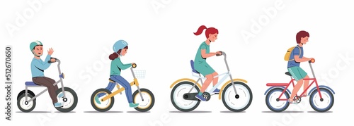 Kids riding bikes. Illustration of a group of kids biking on bicycles. Vector boys and girls isolated on white background. Children's activity.