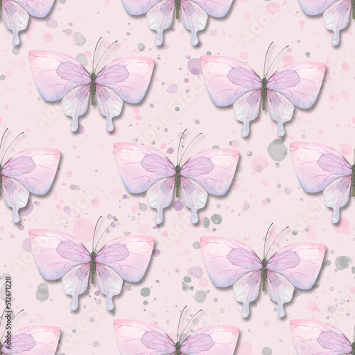 Delicate, airy butterflies, pink, purple. Watercolor illustration with splashes of paint. Seamless pattern. Children's, women's, for fabric, textiles, clothing, bedroom, bed linen, cpaper, packaging