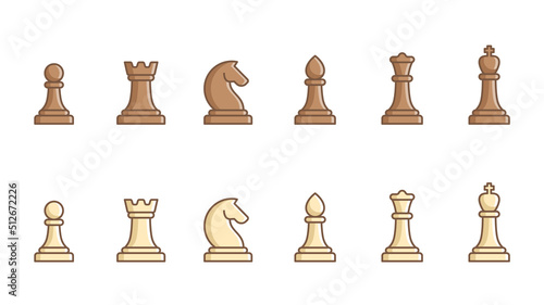 Set of linear icons with color shapes, types of chess pieces