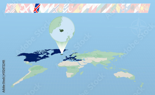 Iceland member of North Atlantic Alliance selected on perspective World Map. Flags of 30 members of alliance.