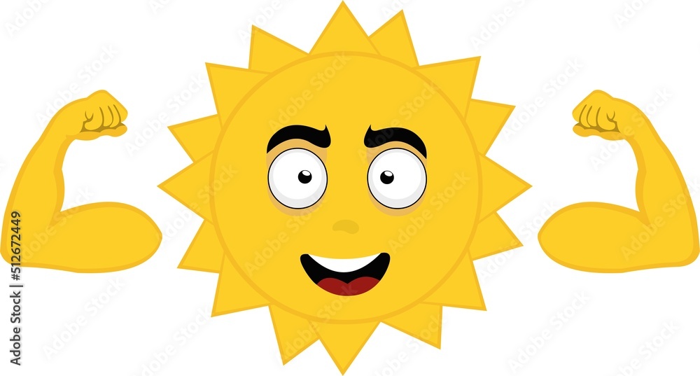 Vector character illustration of a sun cartoon showing the biceps