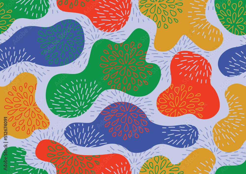 Naklejka premium Various modern free form shapes and doodle objects seamless pattern. Trendy contemporary pattern.