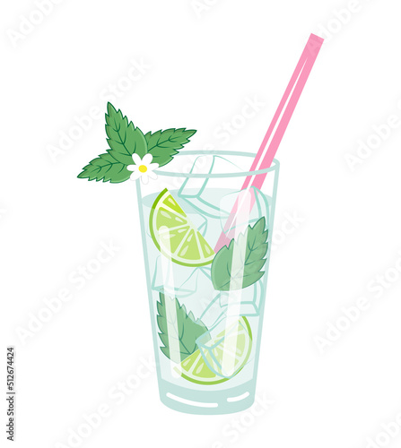 Collage of cute elements for a mojito cocktail of lime, mint, ice in a transparent glass. Cute design of lime, lemon, mint, ice and flowers for menu, paper, cover, fabric, interior decor and other use