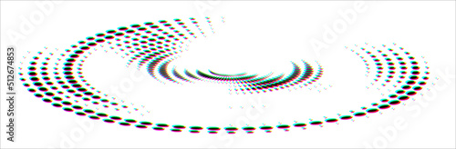 Exquisite swirling elongated polka dots logo (helix, scroll, loop) with CMYK shift glitch effect or with confetti effect. Halftone dotted. Vector.
