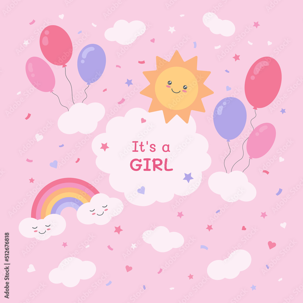 It's a girl. A postcard for a baby shower with a cute sun, balloons, a cute rainbow and clouds. Vector blue background with rainbow and clouds. It's a girl. A postcard for a baby shower with a cute sun, balloons, a cute rainbow and clouds. Vector blue background with rainbow and clouds.