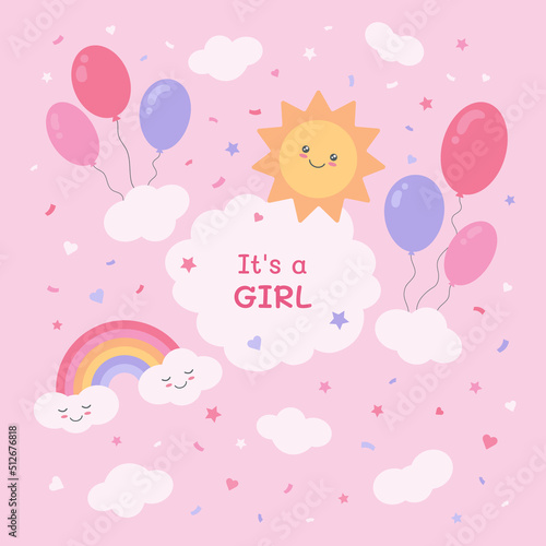 It s a girl. A postcard for a baby shower with a cute sun  balloons  a cute rainbow and clouds. Vector blue background with rainbow and clouds.