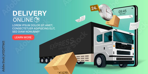 Parcel tracking app. 
delivery truck with cargo box is on a mobile phone. Online Parcel Inspection Concept.Online delivery transport logistics service. Warehouse factory express delivery box.