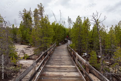 Boardwalk around Hot spring in American Landscape. Yellowstone National Park, Wyoming, United States. Nature Background.