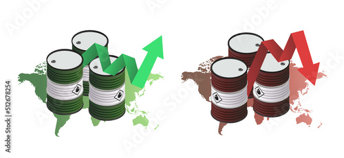 Oil prices increase decrease. Oil market boom or crash concept. Trade among oil producing countries. Crude Oil barrels with green red graph arrow going up down. Fuel Petroleum drums with world map.