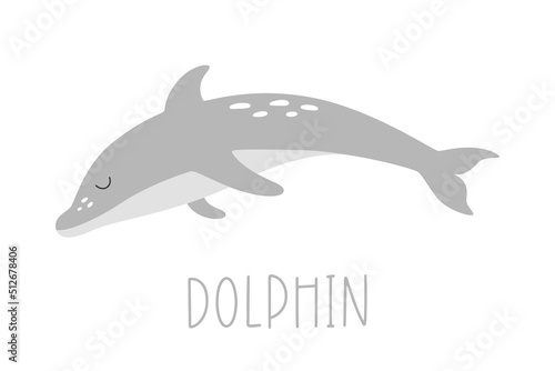Gray isolated the baby dolphin by hand drawn . Vector illustration of underwater animal fish.