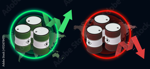 Oil prices increase decrease. Crude Oil barrels with green red graph arrow going up down. Oil market boom or crash concept. Trade among oil producing countries. Fuel Petroleum drums with world map.