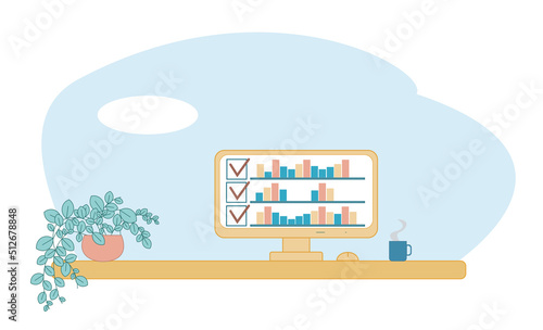 Vector illustration, workspace, home office, work and study at home, online education, webinars, seminars, blogging