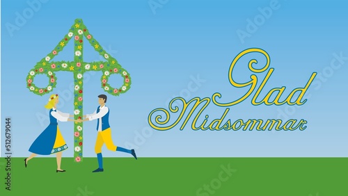 Greeting banner or card with text in Swedish (Sweden) Glad Midsommar, means Happy Midsummer. People dancing around maypole, in Sweden called Midsommarstång.