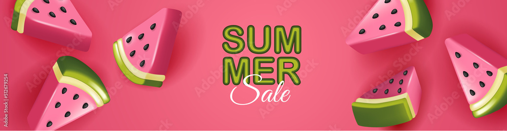 Summer sale poster with slices of watermelon on pink background. Summer watermelon background.