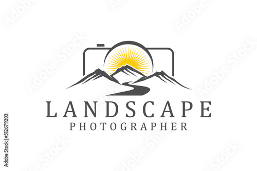 Landscape photographer logo mountain river with sunset camera outline symbol simple mnimalist photography film studio design vector