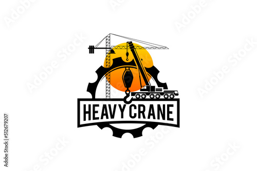 Tower crane and Mobile crane logo with hook pulley block silhouette sunset urban scene vector design badge emblem