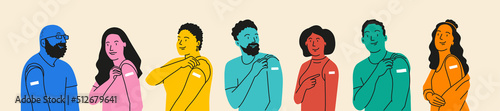 Ethnically diverse group of people showing their shoulders with band-aids on after getting a vaccine.