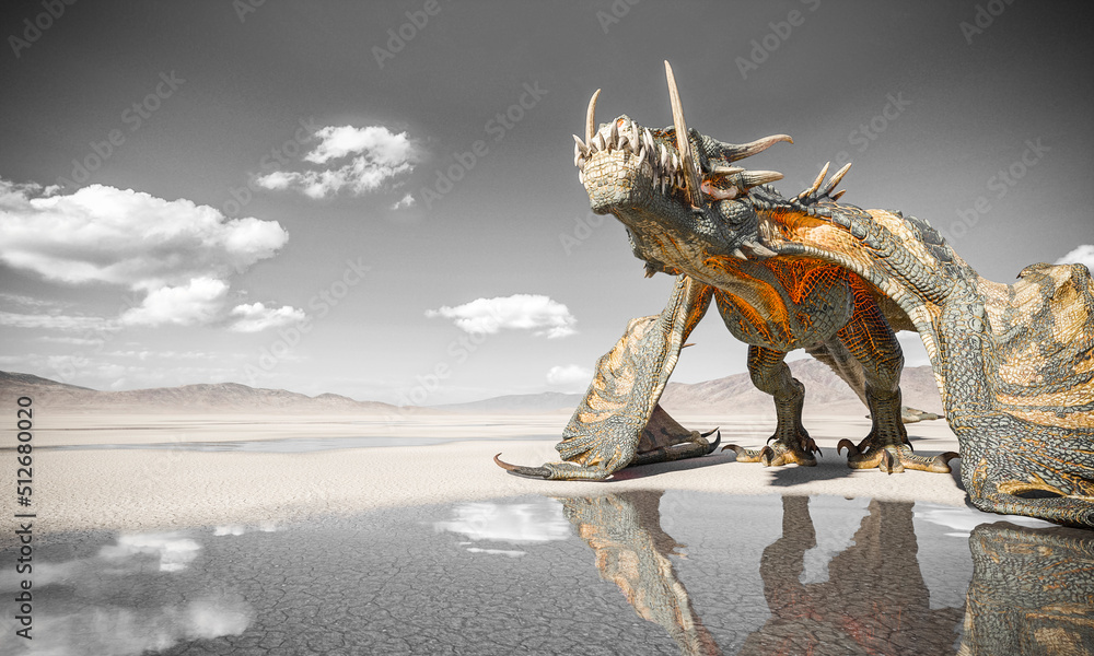 Fototapeta premium dragon is grounded on the desert after rain side view