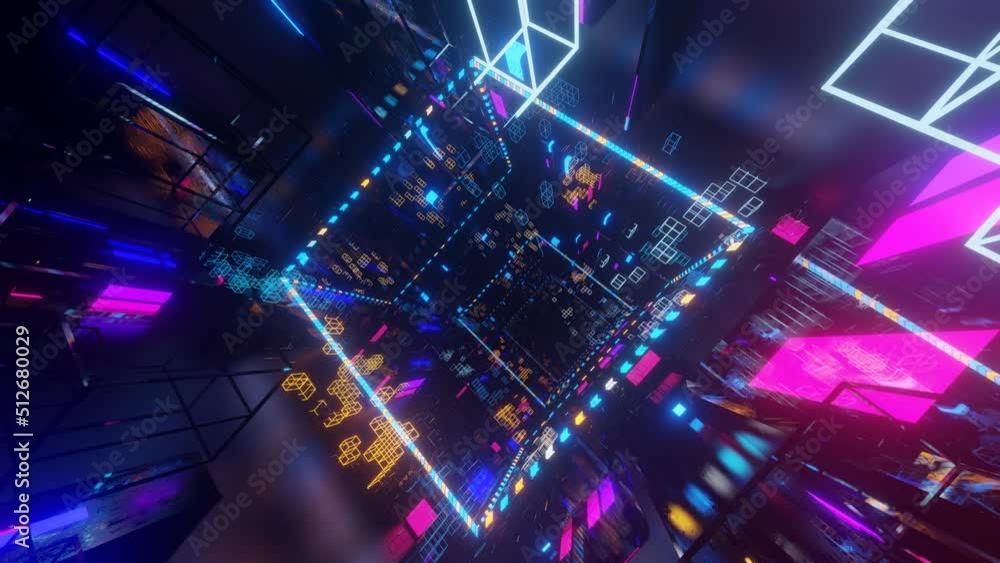 Abstract frames and boxes. Fly through technology cyberspace with neon glow. Sci-fi flight through hi-tech technology tunnel. Hologram and neon light. 3d looped seamless 4k. Multicolored data flow Abstract frames and boxes. Fly through technology cyberspace with neon glow. Sci-fi flight through hi-tech technology tunnel. Hologram and neon light. 3d looped seamless 4k. Multicolored data flow