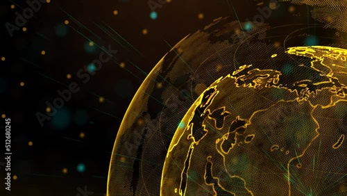 Digital golden planet of Earth. Rotating globe with shining continents. 3D animation with digital Earth and particles. Abstract global business concept.
