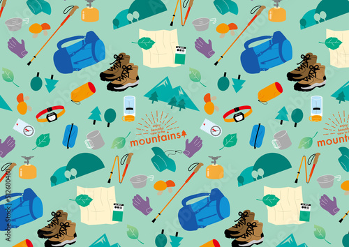 登山道具を散りばめたシームレスパターン（グリーン背景）