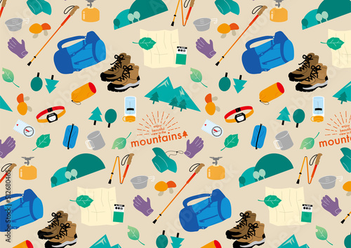 登山道具を散りばめたシームレスパターン（ベージュ背景）
