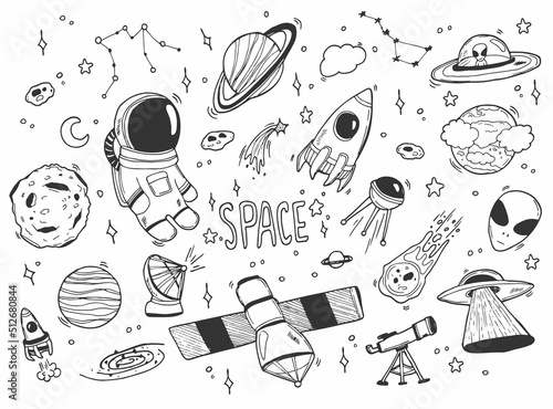 Doodle cosmos illustration set, design elements for any purposes. Hand drawn abstract space ship, planets, stars and ufo. Vector line print or banner.