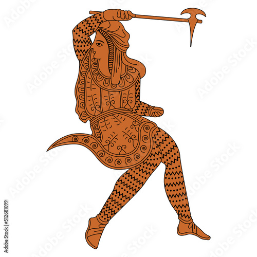 Scythian amazon woman holding a battle ax. Ancient Greek vase painting style. Black and orange silhouette. On white background.