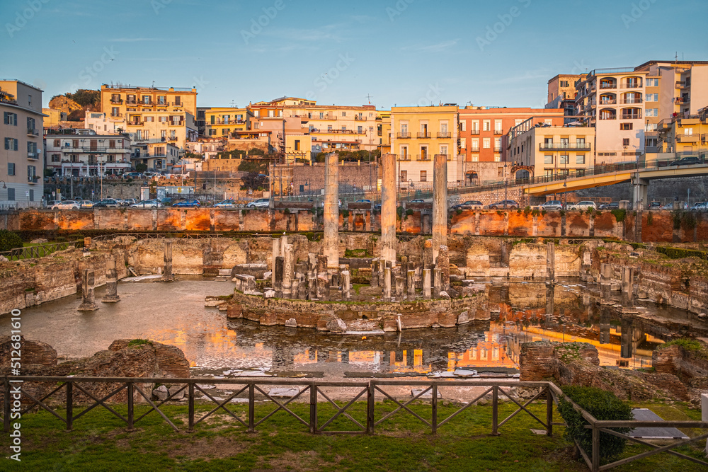 View of the ancient Macellum of Pozzuoli, Naples, Italy at sunset. In ancient Rome, macella were the market buildings.