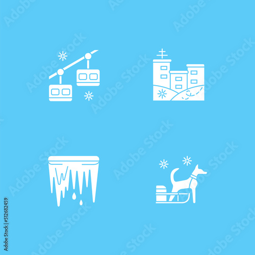 Winter vacation glyph icons set. Resort. Fun time with family. Skiing, skating. Christmas presents. Special date. Celebration concept.Filled flat signs. Isolated silhouette vector illustrations