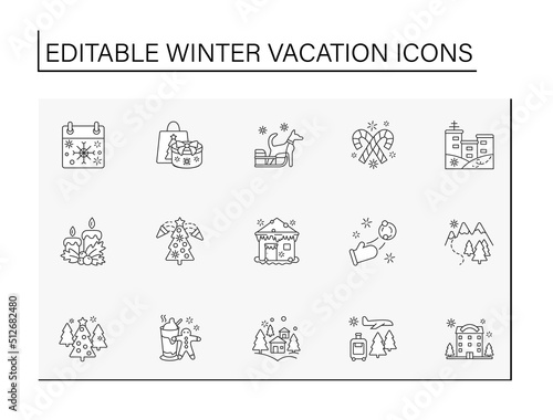Winter vacation line icons set. Resort. Fun time with family. Skiing, skating. Christmas presents. Special date. Celebration concept. Isolated vector illustration. Editable stroke