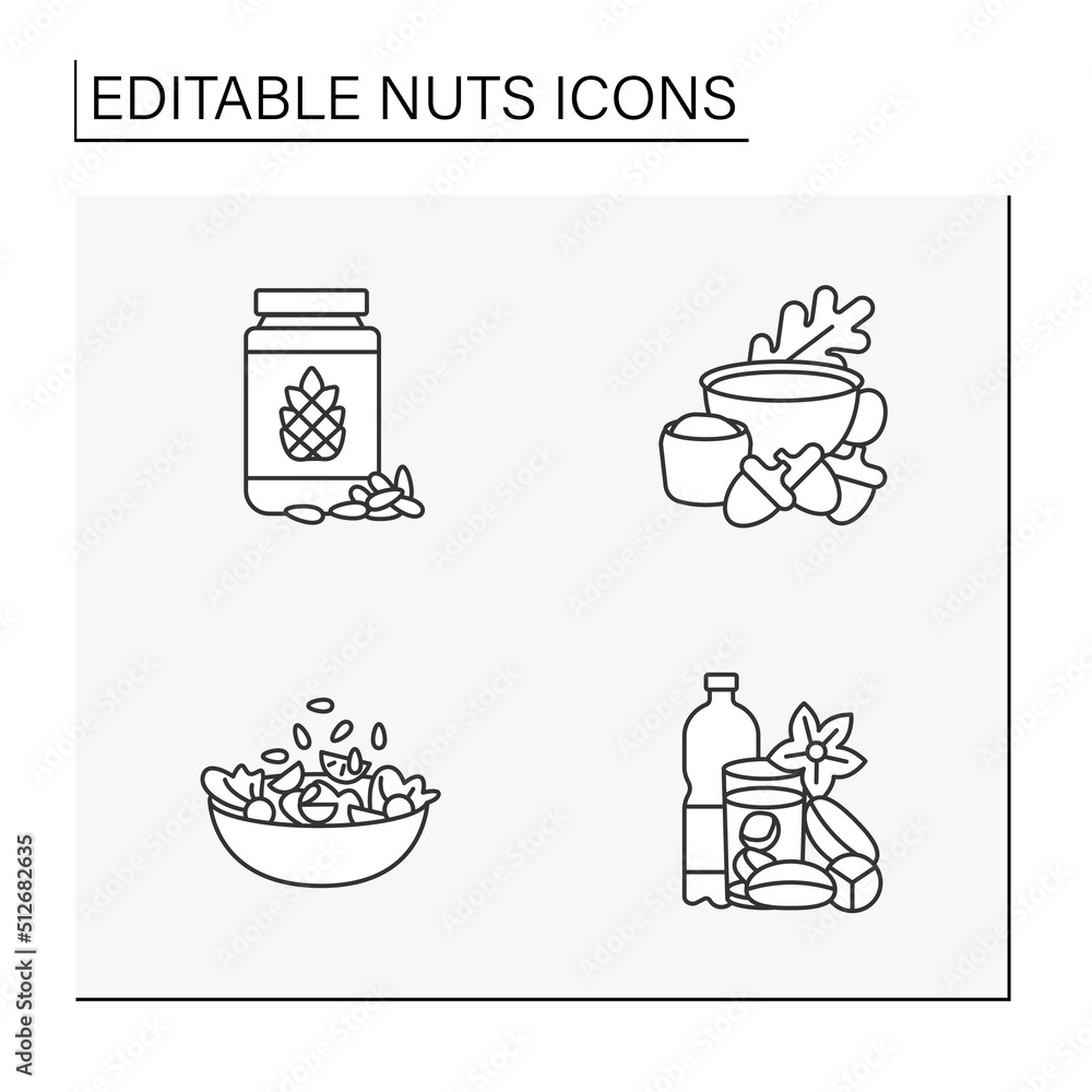 Nuts line icons set. Tasty and healthy snacks. Ingredients for food preparation.Balanced nutrition concept. Isolated vector illustration. Editable stroke Nuts line icons set. Tasty and healthy snacks. Ingredients for food preparation.Balanced nutrition concept. Isolated vector illustration. Editable stroke