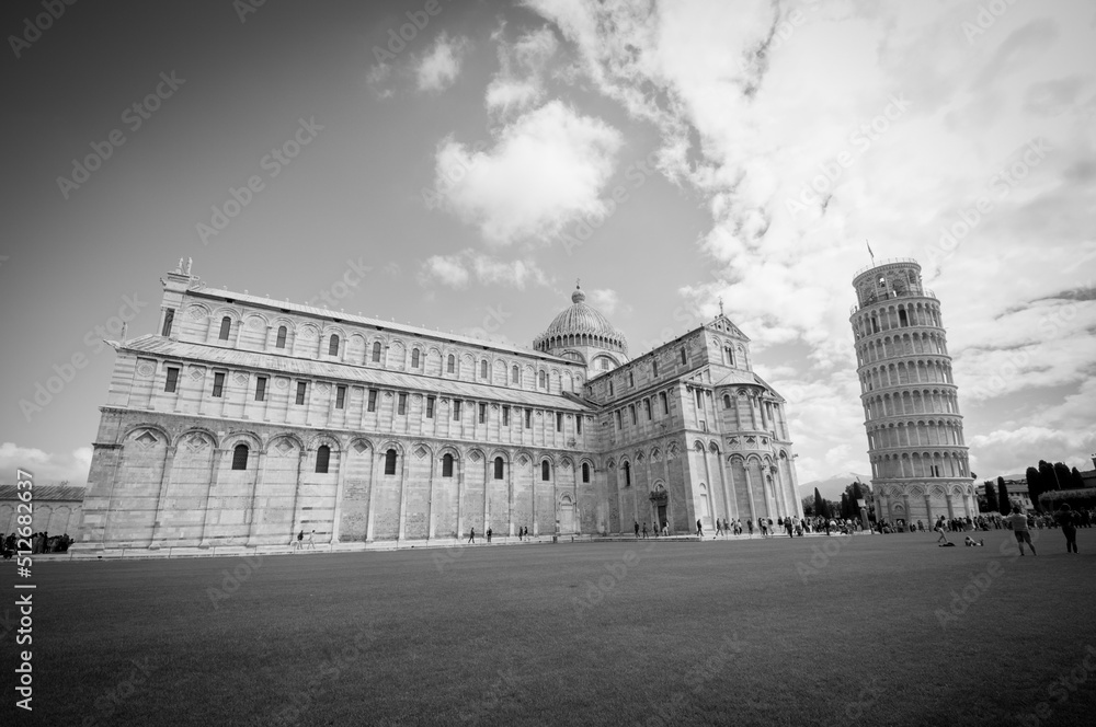The Leaning Tower of Pisa and surrounding buildings.