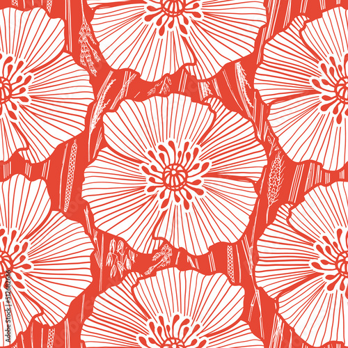 Abstract seamless background print of scarlet red poppy flowers. Vector illustration. Surface pattern design, perfect for textiles, wallpaper, office supplies, packaging, home and garden decoration