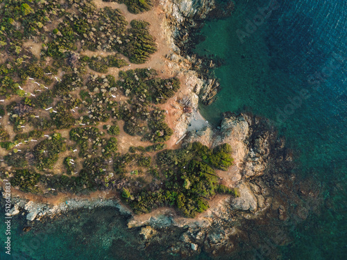 Day drone view above small island with green vegetation and rocky coastline in the Mediterranean at Chalkidiki peninsula, Greece
