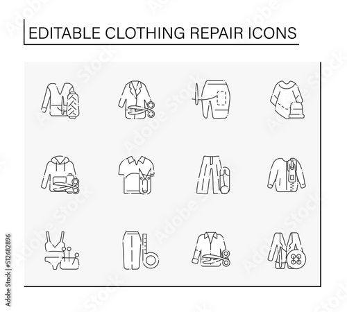 Clothing repair line icons set. Correct and trim length. Fashion concept. Isolated vector illustrations. Editable stroke