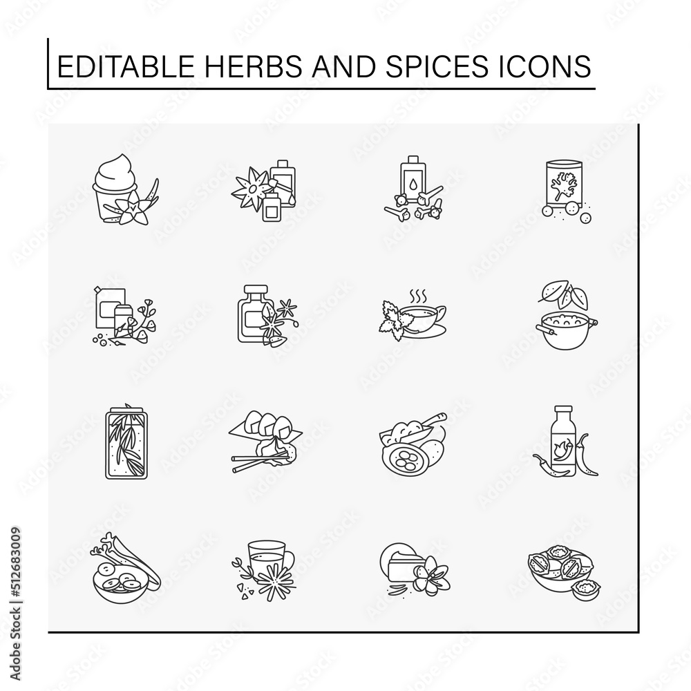  Herbs and spices line icons set. Herbs with special flavors. Cosmetology, food preparation and medicine. Botany concept. Isolated vector illustrations. Editable stroke
