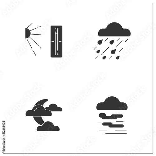 Weather glyph icons set. Heavy rain, hot temperature, clouds covered moon, fog. Meteorology concept.Filled flat signs. Isolated silhouette vector illustrations