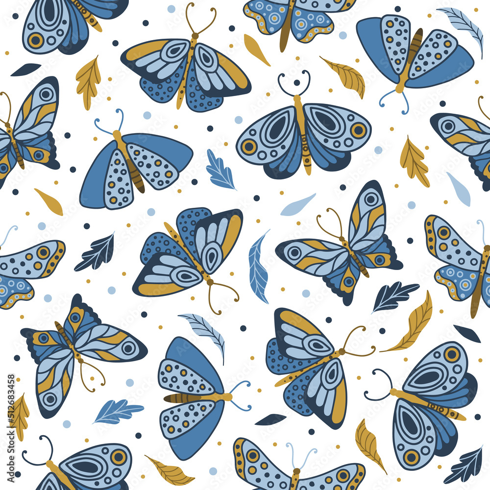 Vector seamless pattern with summer herbs and butterflies