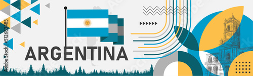 Argentina national day banner with map, flag colors theme background and geometric abstract retro modern blue white yellow design. Argentinian theme. Buenos Aires Vector Illustration.