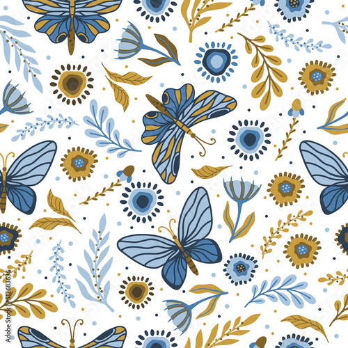 Vector seamless pattern with summer herbs and butterflies