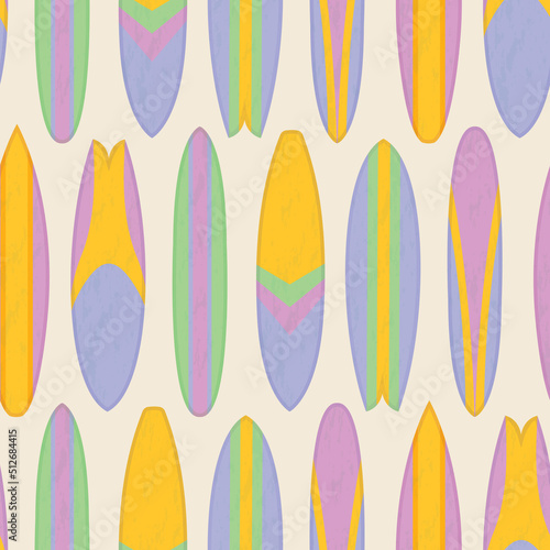 Surfboard seamless vector pattern. Colorful summer design with purple, yellow and green board illustrations. Fun, repeat surface pattern with vintage retro texture. 