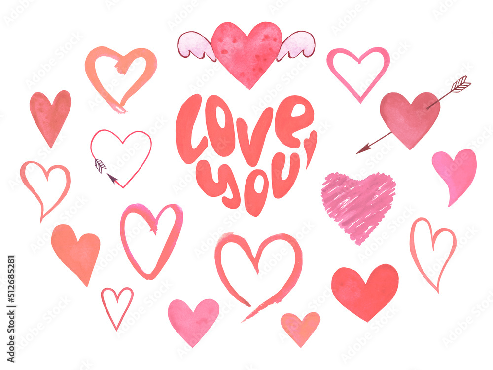 Large set of watercolor hearts. Symbol of love. Hand drawn clip art isolated on white background. For congratulations, wallpapers, posters, print, fabric, stationery.. Large set of watercolor hearts. Symbol of love. Hand drawn clip art isolated on white background. For congratulations, wallpapers, posters, print, fabric, stationery..